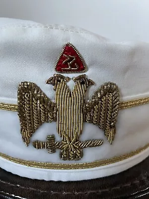 Vtg. 33rd Degree Freemason Masonic Hat Cap White Gold Bullion Eagle Badge &case • $50