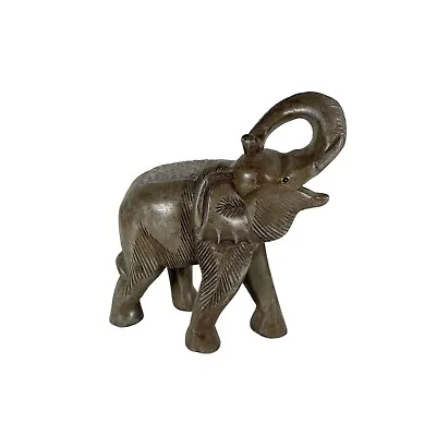 Vintage Large Wooden Elephant Statue Hand Carved Solid Wood Metal Accents • $44.94