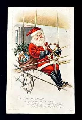 Vintage Embossed Christmas Postcard - Santa Claus In Zeppelin Airship Airplane • $9.95