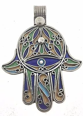 SILVER & Colored Enamel Moroccan Berber Hamsa Evil Eye Amulet Talisman PENDANT A • $43