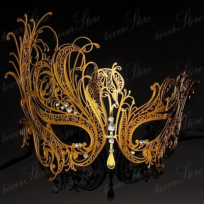 Swan Laser Cut Metal Mardi Gras Venetian Masquerade Mask For Women M7139 [Gold] • $9.95