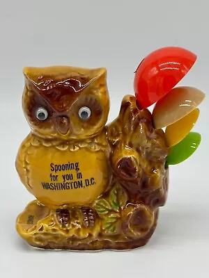 Vintage Ceramic Owl Measuring Spoon Holder & 4 Spoons Washington DC Souvenir • $8.99