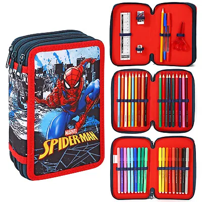Spiderman 3 Tier Pencil Case Multi Compartment Colouring Pens Pencils Set • £12.99