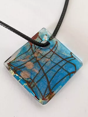 Murano Blue & Brown Criss Cross Pendant On Black Thong Necklace D03 • $6.32