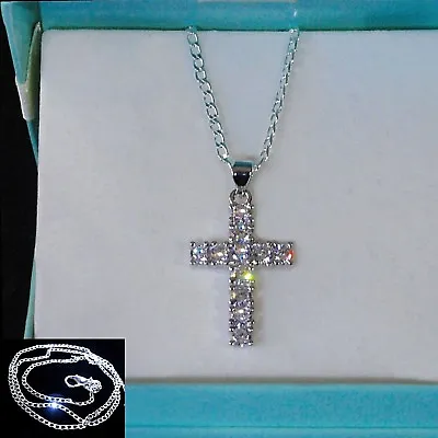 Mens Women AAA 925 Silver Filled Simulated Diamonds Cross Curb Chain Necklace  • £11.99