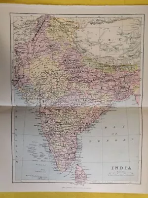 1895 INDIA CONTINENT Vintage Large Geographical Map ORIGINAL 12.5 X 10.5  C13-1 • $38.90