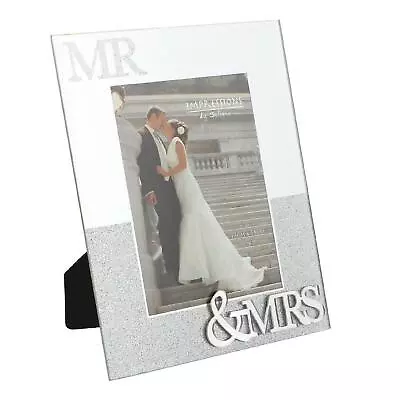 Wedding Photo Frame Mirrored Glass & Glitter Mr & Mrs Anniversary Picture 5x7 • £8.02