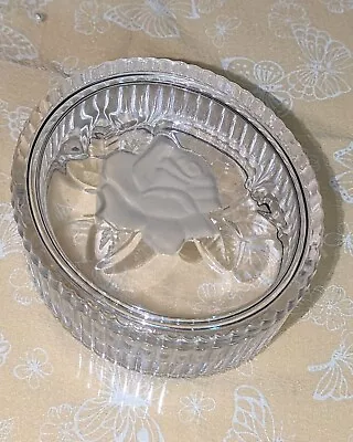 Clear Crystal Glass Oval Shaped Trinket Jewelry Dish With Lid Rose Etched Gift • £14.47