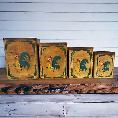 Vintage Wooden Hand Painted Dovetail Rooster Nesting Canister Set Of 4 • $14.95