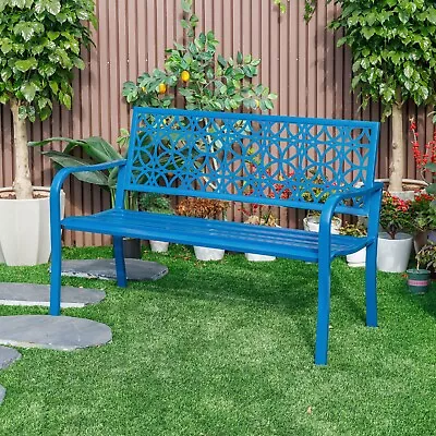 Blue Metal Garden Bench Lattice Outdoor Seat Patio Yard Porch Chair Decor • $139.19