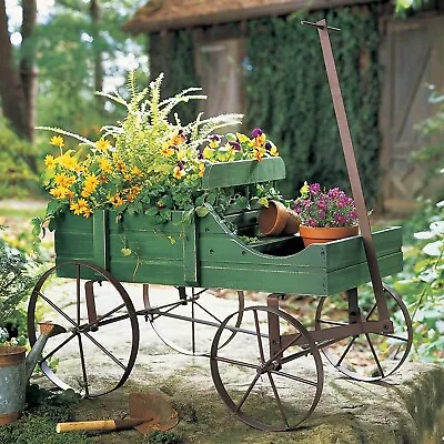 Amish Garden Wagon W/ Moving Wheels Flower Planter Outdoor Yard Art Decor GREEN • $29.62