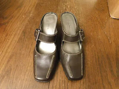 MERONA Dark Brown Leather Slides Mules Mary Jane Buckle 2.5  Heels Shoes Sz 6.5 • $10.39