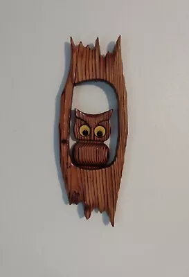 Vintage Burned Wood Owl Carved Green Mountain Wall Hanging Wall Decor Plaque  K1 • $18.99