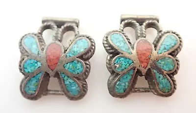 Vintage Navajo Turquoise Coral Inlay Butterfly Sterling Wristwatch Watch Band • $44.95