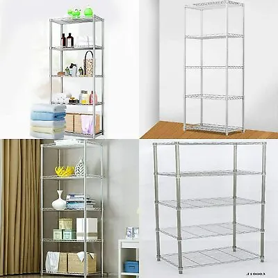 4 / 5 Tier Silver Metal Storage Rack/Shelving Wire Shelf Kitchen/Office/Garage • £30.95