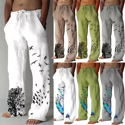 $7.48 • Buy Men Loose Long Pants Men's Harem Pant Beach Printed Casual Hippy Trousers Linen