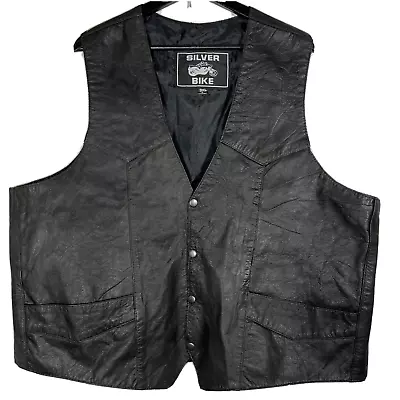 Black Leather Vest Silver Bike Western Style 3X Pockets Biker Snap Vtg Retro  • $39.99