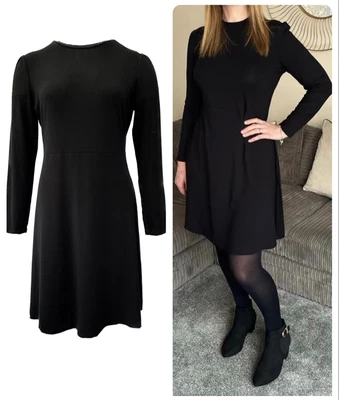 £11.99 • Buy Ladies Women's Black Dress Ex M*S Plain Fit Flare Long Sleeve Skater Stretch NEW