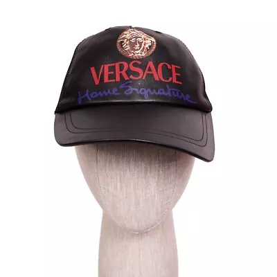 57 NEW $525 VERSACE Black Leather VINTAGE MEDUSA LOGO Trucker BASEBALL CAP HAT • $379