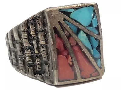 Handsome Vintage Mens Native American Turquoise & Coral Ring Sz 11- 12.1g • $14.50