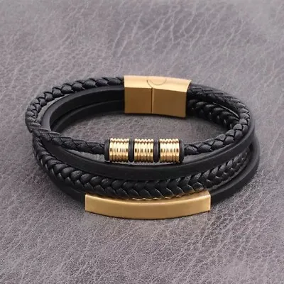 Mens Black Leather Bracelet Wristband Stainless Steel Clasp Jewellery • £7.98
