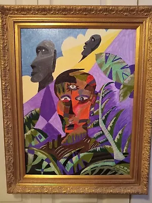 LG Vintage Abstract Cubist Canvas Oil Painting Tiki Male Portrait W Moai Signed • $345