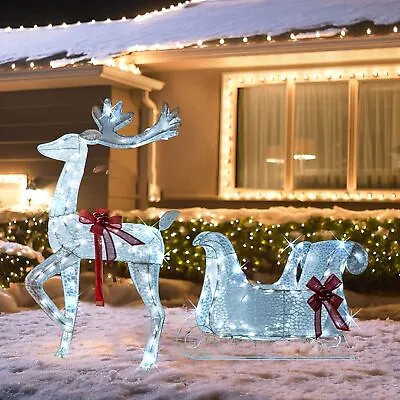 Hourleey Lighted Christmas Decorations Outdoor Pre-Lit 3D Santa Sleigh Reindeer • $199.99