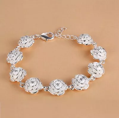 £2.26 • Buy Charm 925 Sterling Silver Rose Flower Bracelet For Women Fashion Pretty Wedding