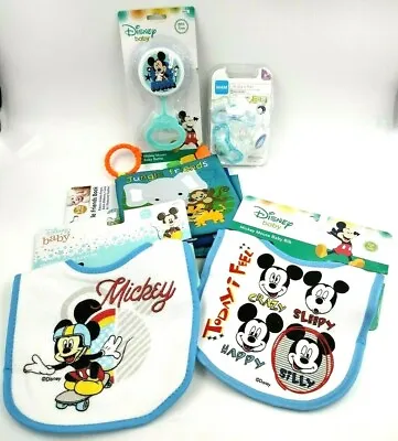 Baby Starter Pack Lot Of 5 Items Disney Mickey Baby Raddle Bibs Pacifier Crinkle • $24.99