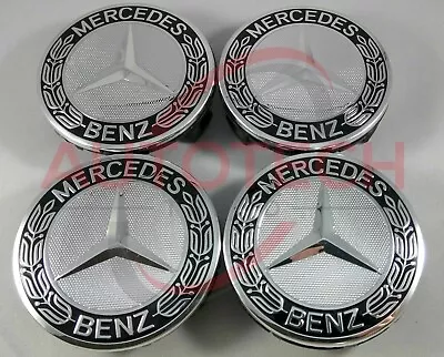 $16.99 • Buy Set Of 4 Mercedes-Benz Classic Silver/Black Wheel CenterCaps - 75MM AMG Wreath