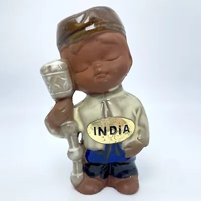 Vintage Enesco Japan Ceramic India Boy Figurine Barefoot Indian Hat Stick Brown • $12.99