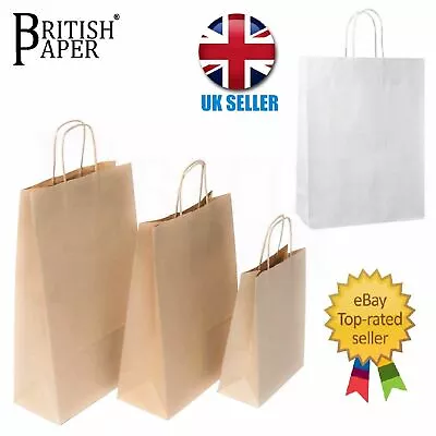 Paper Bags With Handles White Brown Kraft Carrier Party Gift Small Large 50 100 • £223.99