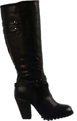 Ladies Womens Knee High Biker Boots Block High Heel Studs Black Brown Tan Size • £29.99