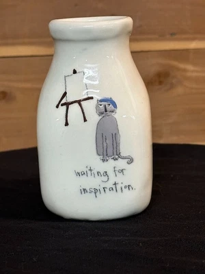 $15 • Buy BETH MUELLER Milk Bottle Vase  WAITING FOR INSPIRATION Cat VTG STUDIO POTTERY