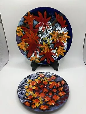 2 Vintage Enamel Over Copper Plate Autumn Maple Leaves Design 7 1/4” And 5” • $26