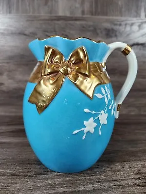 Antique 1880s Pitcher Century Robin Egg Blue Gold Ribbon Flowers England • $49.95