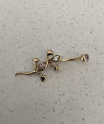 9CT YELLOW GOLD LIZARD GECKO NAVEL BELLY BODY BAR PIERCING RING Pink CZ • £92.97