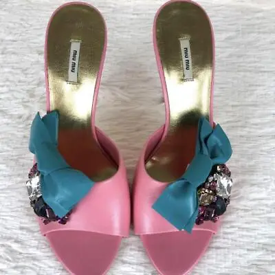 MiuMiu 36.5 Mule Jewelry Design Ribbon MIUMIU Sandals Pink Leather Dress Shoes • $280