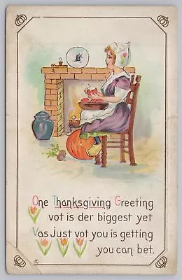 Holiday~Thanksgiving Greeting~Lady Cooking By Fireplace~Stecher Vintage Postcard • $2.70