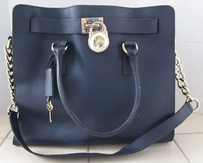 MICHAEL KORS Large Hamilton Saffiano Tote Bag Navy Blue Lock & Key Handbag Shop • $75