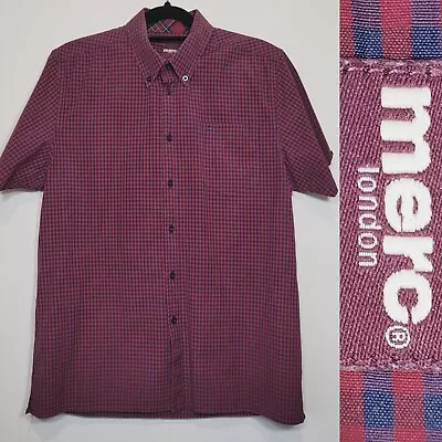Merc London Mens Terry Shirt Red Blue Check Short Sleeve Size Large • £19.99