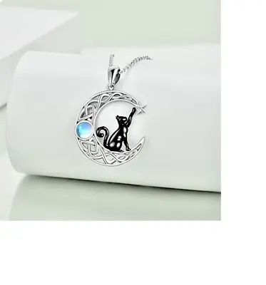 CELTIC CRESCENT MOON STAR BLACK CAT Pendant 925 Sterling Silver 18  Necklace • $17.77