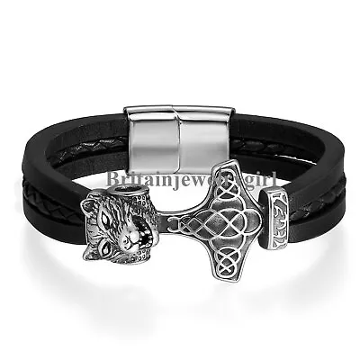 Mens Wolf Head Nordic Norse Viking Thors Mjolnir Hammer Cuff Leather Bracelet • $12.89