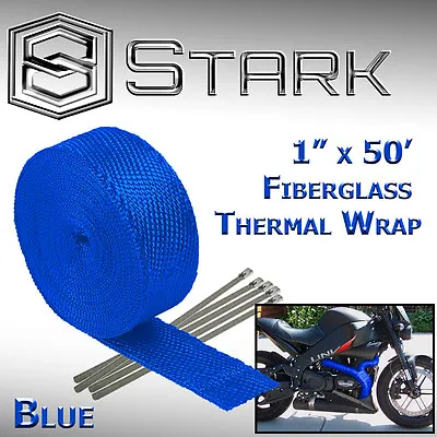 1  X 50' Ft Motorcycle Header Exhaust Heat Wrap Fiberglass Manifold Ties - Blue • $20.99