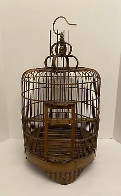 Vintage 25” Bamboo Bird Cage W/2 Pottery Feeders And Brass Hook • $399.97