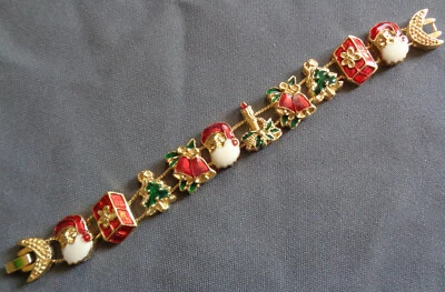 VTG NOS CHRISTMAS Slide Bracelet Two Chain Enamel Santa Gift Bell Tree Candle • $14.99