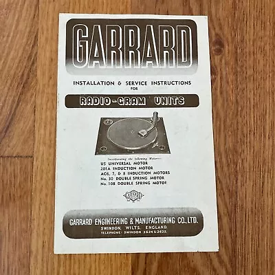 Vintage Garrard Installation & Service Intstructions For Radio-gram Units Motors • $40