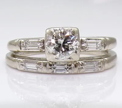 Vtg 14K White Gold Diamond Engagement Wedding Band Ring Set Size 4.5 LMA2 • $599.99