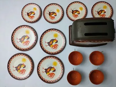 Vintage Tin Toy Toaster Plates Cups And Saucers. Not Stamped.60's • $48