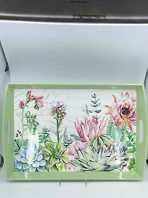 Michel Design Works - Decoupage Wooden Tray Green Floral Flower Design 20 Lx14 W • $37